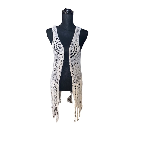 Its pink crochet fringe boho knitted long vest tan cream retro hippie medium - Picture 5 of 12